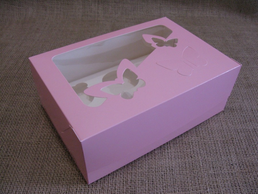 Коробка для кексов на 6 шт, 25х17х9 см Розовая с окошком Бабочки 